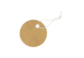 Round brown paper tag with string isolated on white background. Blank single label card