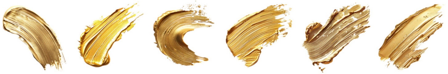 Golden paint brush strokes collection. Set of gold paint smear with glittering texture