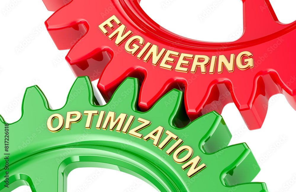 Poster engineering optimization with colored gearwheels. 3d rendering isolated on transparent background