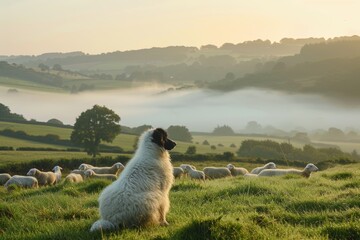 Naklejka premium Serene Morning in Meadow with Sheepdog Watching Over Flock, Fog Rolling Over Hills - Perfect for Nature Posters and Wall Art