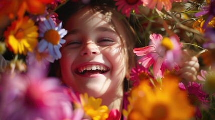 A young girl is beaming with a smile surrounded by vibrant flowers. The colorful petals cascade around her, creating a beautiful botanical scene perfect for a photograph AIG50