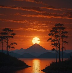 Fototapeta premium sunset over the mountains and sea red sky and tree 