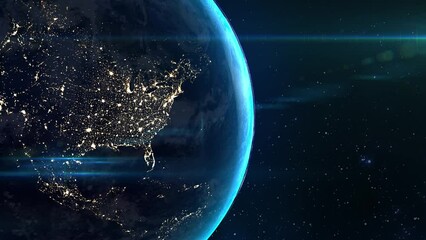 Realistic beautiful view from space of the American continent at night before dawn. Luminous lights of evening cities. Orbiting over Northern America Panet is slowly rotating around its axis. 4k. - Powered by Adobe