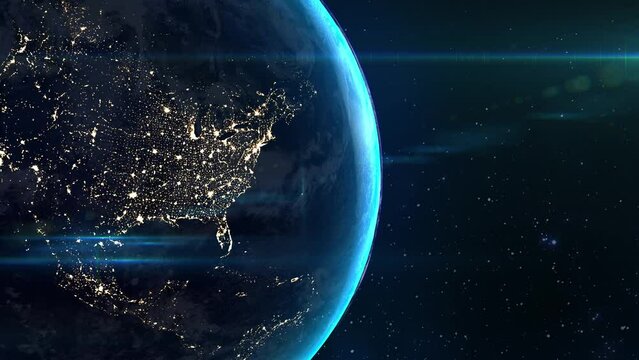 Realistic beautiful view from space of the American continent at night before dawn. Luminous lights of evening cities. Orbiting over Northern America Panet is slowly rotating around its axis. 4k.