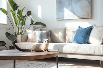 Modern Living Room with Playful Pet Ferret Exploring Couch in Contemporary Decor for Home Design