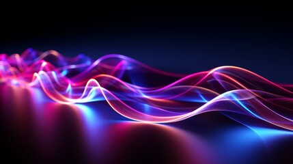 Naklejka premium A series of luminous neon waves in shades of purple and electric blue against a dark backdrop create a stunning visual effect. Abstract neon background. High quality illustration