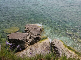 Tree lined shore with water crashing into the rocks. 