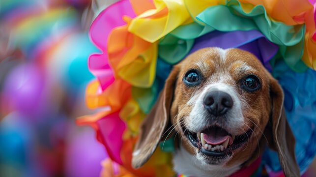 A cute Beagle at a Pride Festival, pets in rainbow costumes, whimsical and playful