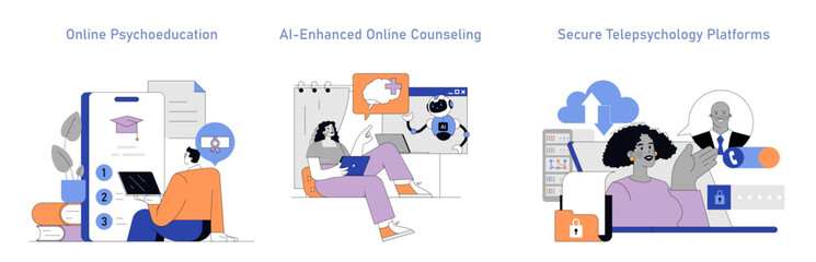 Naklejka premium Telepsychology And Online Therapy. Flat Vector Illustration