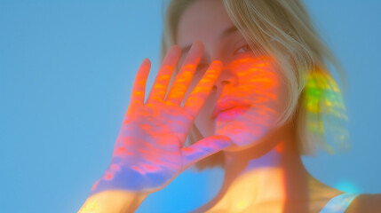 artistic portrait of woman with colorful light patterns on face