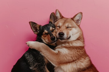 two cute dogs hugging in affectionate embrace on soft pink background