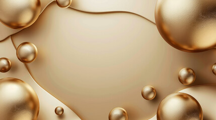Gold Spheres on Smooth Background, copy space. 3D render of gold metallic spheres of various sizes placed on a smooth, light gold background. Modern and elegant design  for banner, border, web banner.