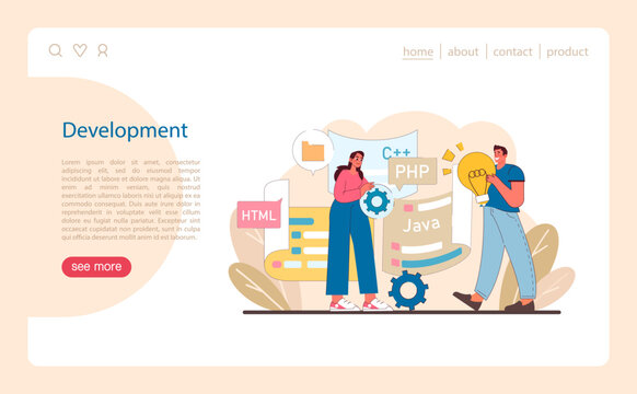Development stage in IT project management. A dynamic representation of coding and programming.