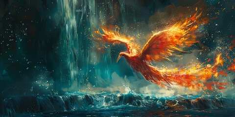 Paint a mythical phoenix soaring above a cascading waterfall in a hidden oasis