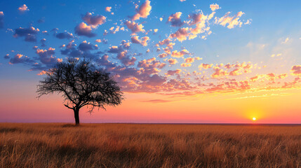 Fototapeta premium tree silhouette at sunset. A lone tree stands in an open field, bathed in the warm hues of a colorful sky as the sun sets..