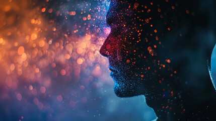  silhouette of a face with bokeh lights. An artistic composition of a human profile against a backdrop of colorful, glowing dots.. - Powered by Adobe