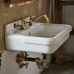  Wall-Mounted Sink with Brass Fixtures – Classic and Timeless Bathroom Design