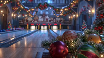 Cozy Winter Bowling Alley with Holiday Decorations for Seasonal Promotions Design