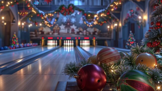 Cozy Winter Bowling Alley with Holiday Decorations for Seasonal Promotions Design