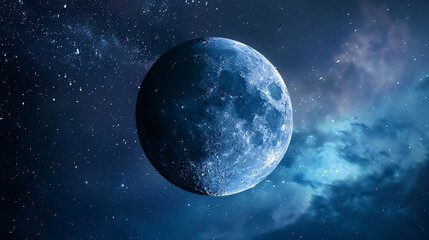 Fototapeta premium close-up of the moon in space. The detailed lunar surface with craters and shadows, set against a backdrop of twinkling stars and cosmic clouds..
