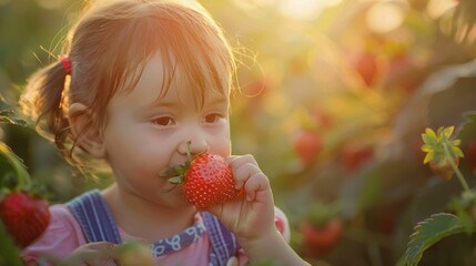 A toddler is happily eating a fresh strawberry in a field, surrounded by grass and nature. Her smile reflects the joy of tasting natural food, sharing the moment with people in the outdoors AIG50