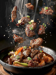 Bulgogi beef bowl ground beef. Korean food bulgogi bbq steak grilled menu close up. Asian stir fry beef. chinese beef stir fry recipe. 
Korean bulgogi beef stir fry with chopsticks. 