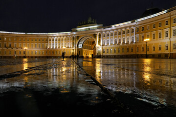 The General Staff building on Palace Square in St. Petersburg, Russia at night during heavy rain....
