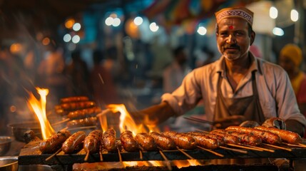 Fototapeta premium man frying meat on barbecue grill outdoors