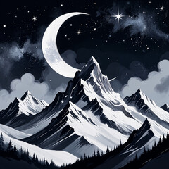 Snowy mountain landscape at night time with moon and stars