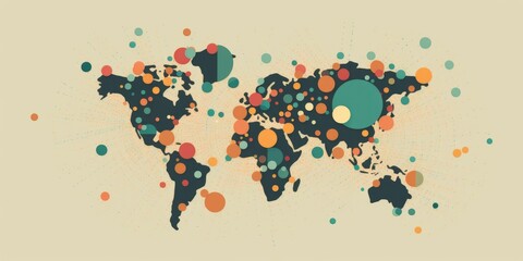 Stylized world map composed of multicolored circles on a white background with a modern artistic...