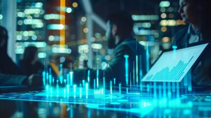 Business Meeting Utilizing Augmented Reality for Data Visualization with Floating Stats Above Tablet