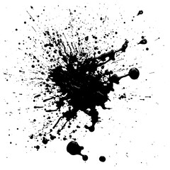 Abstract black ink splatter on white background, dynamic droplets