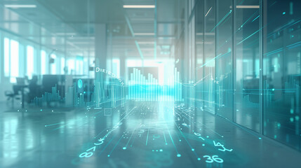 Large office space with a blue background with financial chart overlay