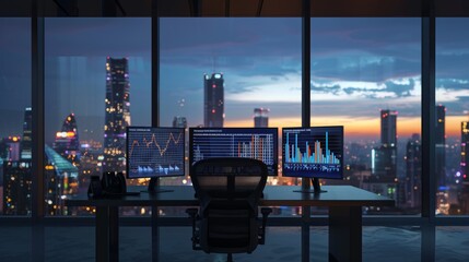 Business Analyst Reviewing Data on Dual Monitors in Modern Office with City Skyline View