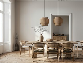 Create a photorealistic image of a dining room with white walls and a wooden table