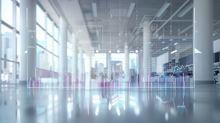 Large office space with a blue background with financial chart overlay