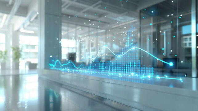 Large office space with a blue background with financial chart overlay - Powered by Adobe