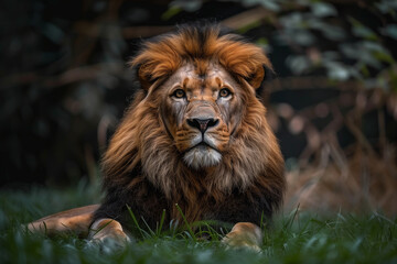 Obraz premium A lion is laying down in the grass