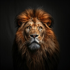 Fototapeta premium A lion with a long mane and a golden eye stares at the camera