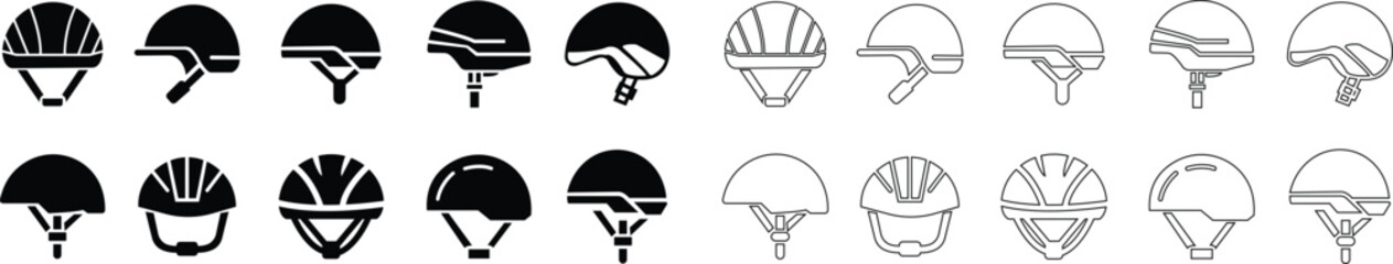 Motorcycle helmet vector icon set. Racing team helmet, Construction helmet, motorcycle helmet, hard hat black line and flat collection for web design isolated on transparent background.