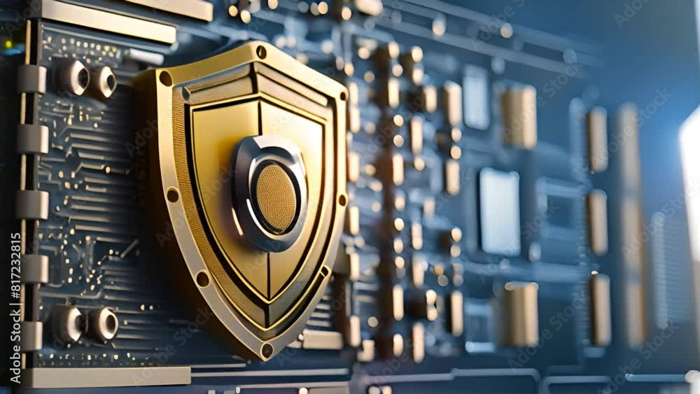 Aufkleber anti-virus computer concept with golden shield on circuit board generative ai