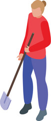 Isometric illustration of a woman standing with a shovel, poised to start digging