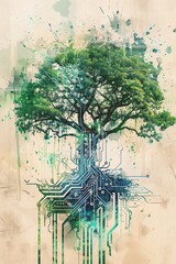 An abstract painting of a tree with roots made of circuit boards