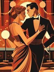 A couple dancing in an Art Deco ballroom.