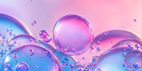  soap bubbles on a pastel background, red pink abstract oil bubbles or face serum background. pink Oil and water bubbles molecule ,pink Bubbles oil or collagen serum for cosmetic product, banner poste