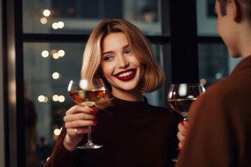 Smiling Woman Toasting With A Glass Of Wine During Christmas Party