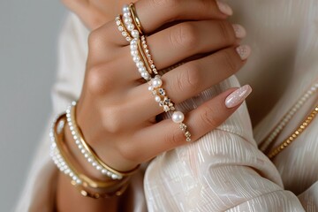 Close-up of a hand adorned with pearl and gold jewelry, elegant feminine accessories, neutral manicure, soft beige tones, luxurious fashion details, minimalist composition


