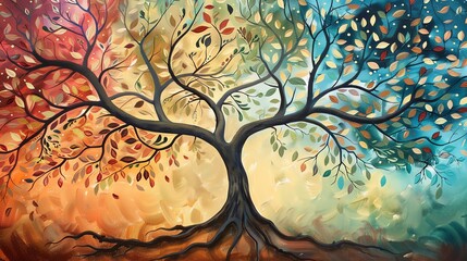 A beautiful painting of a tree with four seasons