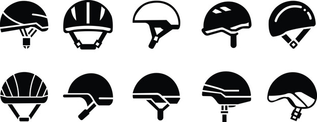 Motorcycle helmet vector icon set. Racing team helmet, Construction helmet, motorcycle helmet, hard hat black flat collection for web design isolated on transparent background.