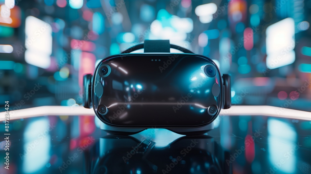 Poster vr headset with futuristic elements on table implies an immersive tech gaming experience.